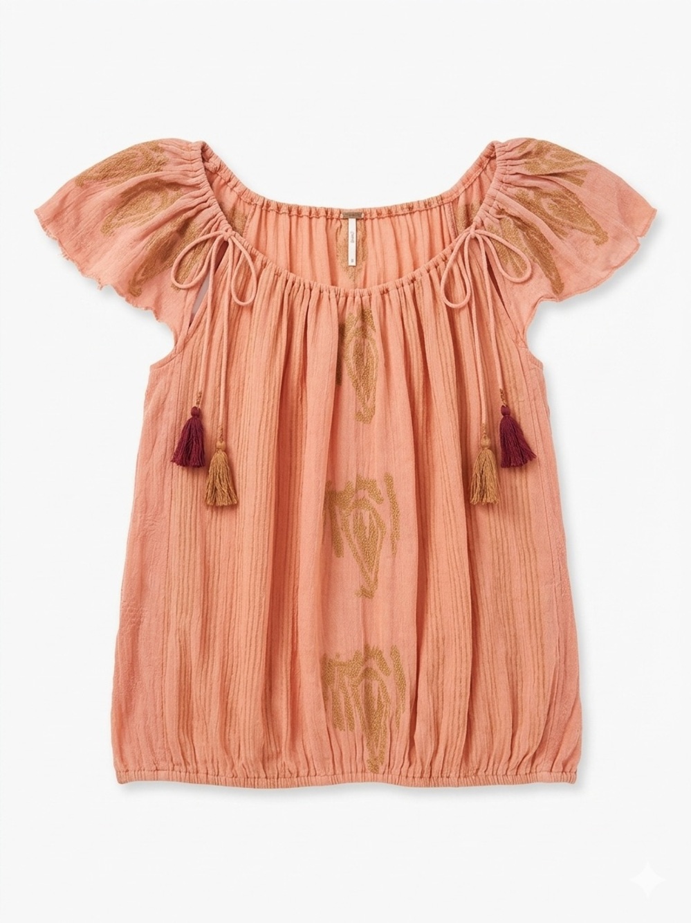 Free People Peach Embroidered Tassel Peasant Top